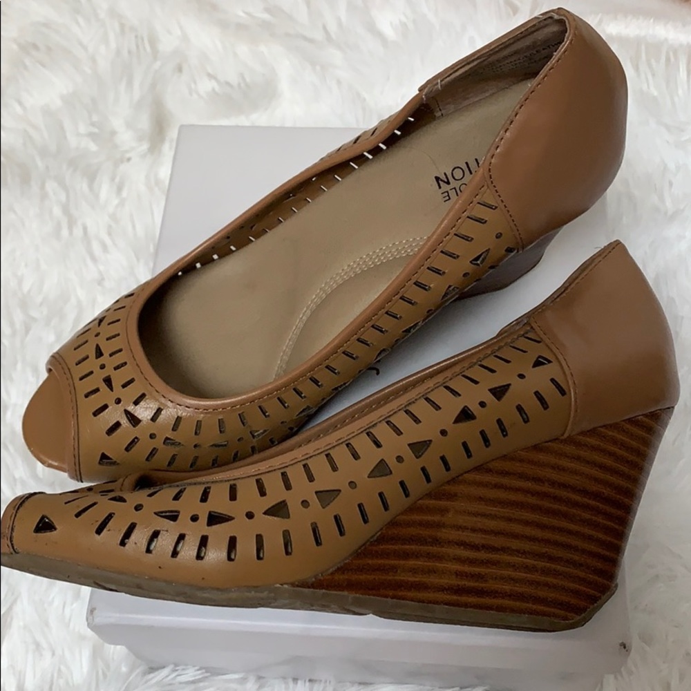 Brown perforated wedge sandals